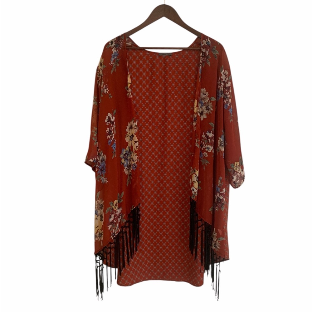 West Kei floral fringe‎ kimono size large rust orange fall bohemian boho hippie